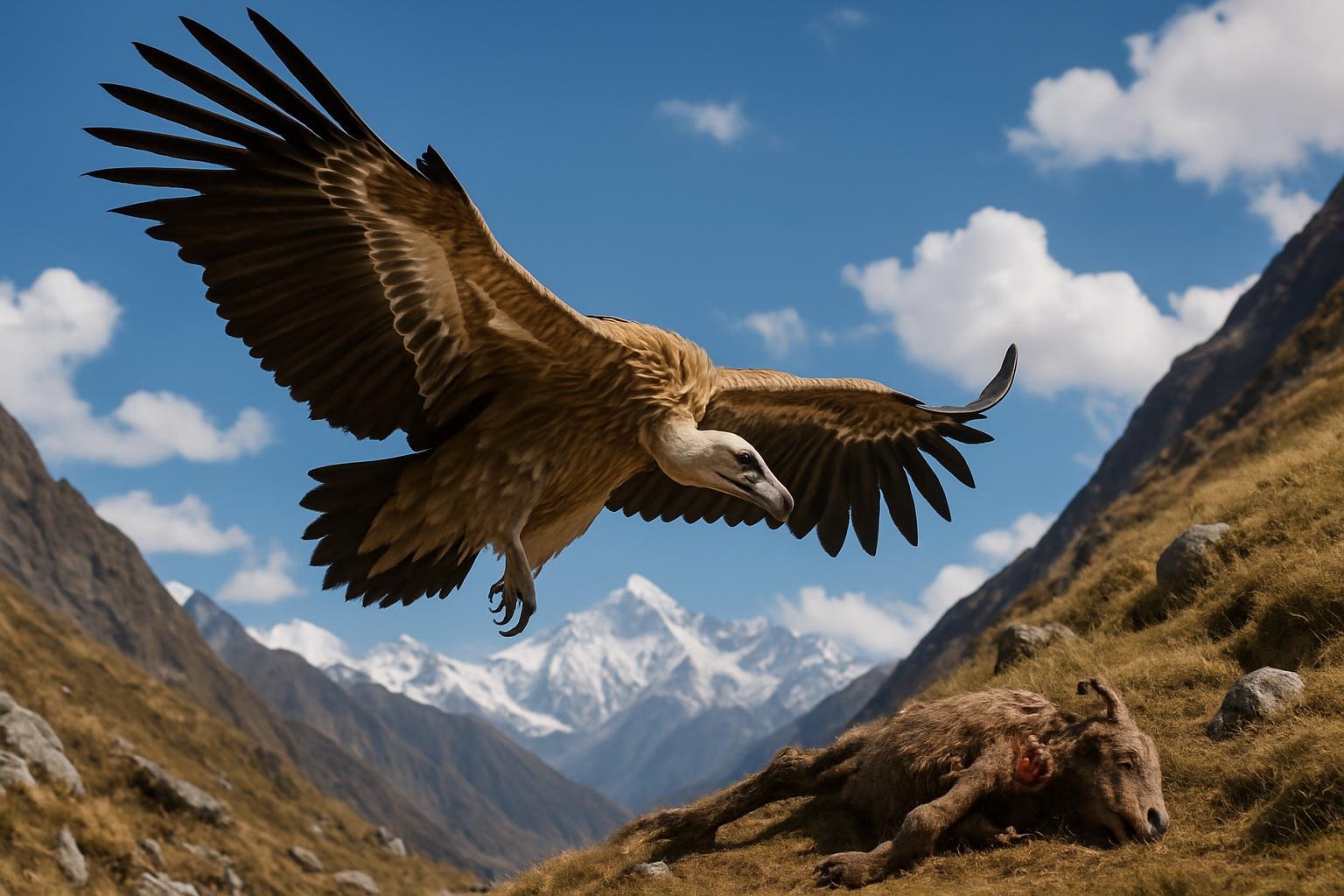 Himalaya-gåsegrib på vej til, at æde af et ådsel i Himalaya.